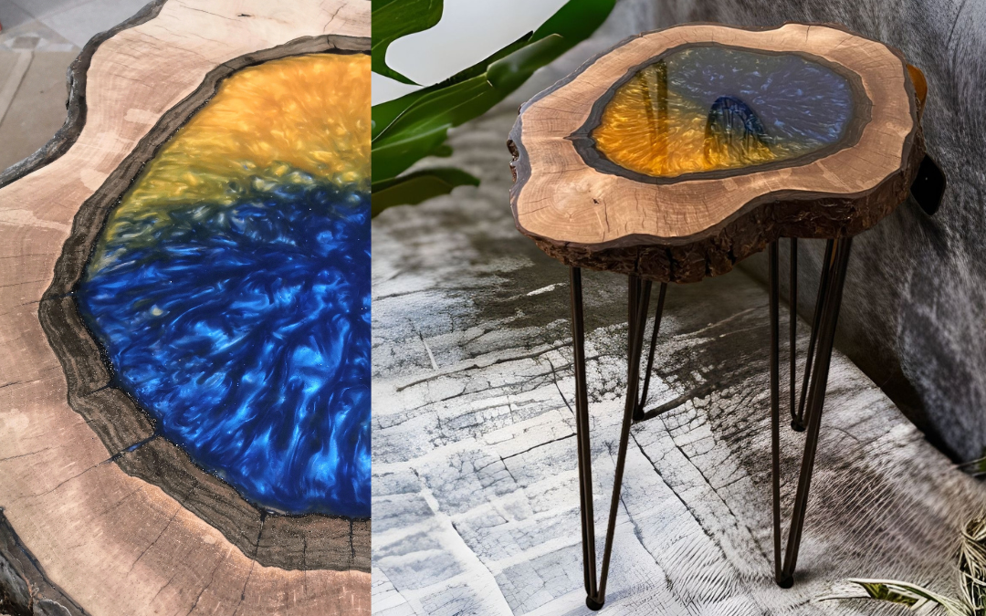 Odkládací stolek z barevného epoxidu a masivního dřeva